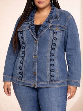 Catherines Plus Size Denim Jacket Cotton Blend Embroidered Scroll Western Boho